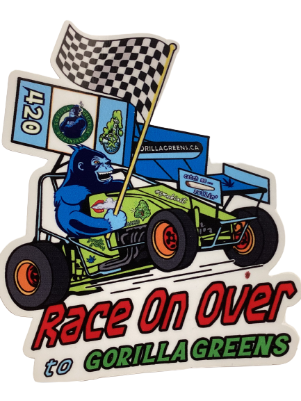 Gorilla in Go Kart Race on Over to Gorilla Greens Logo 